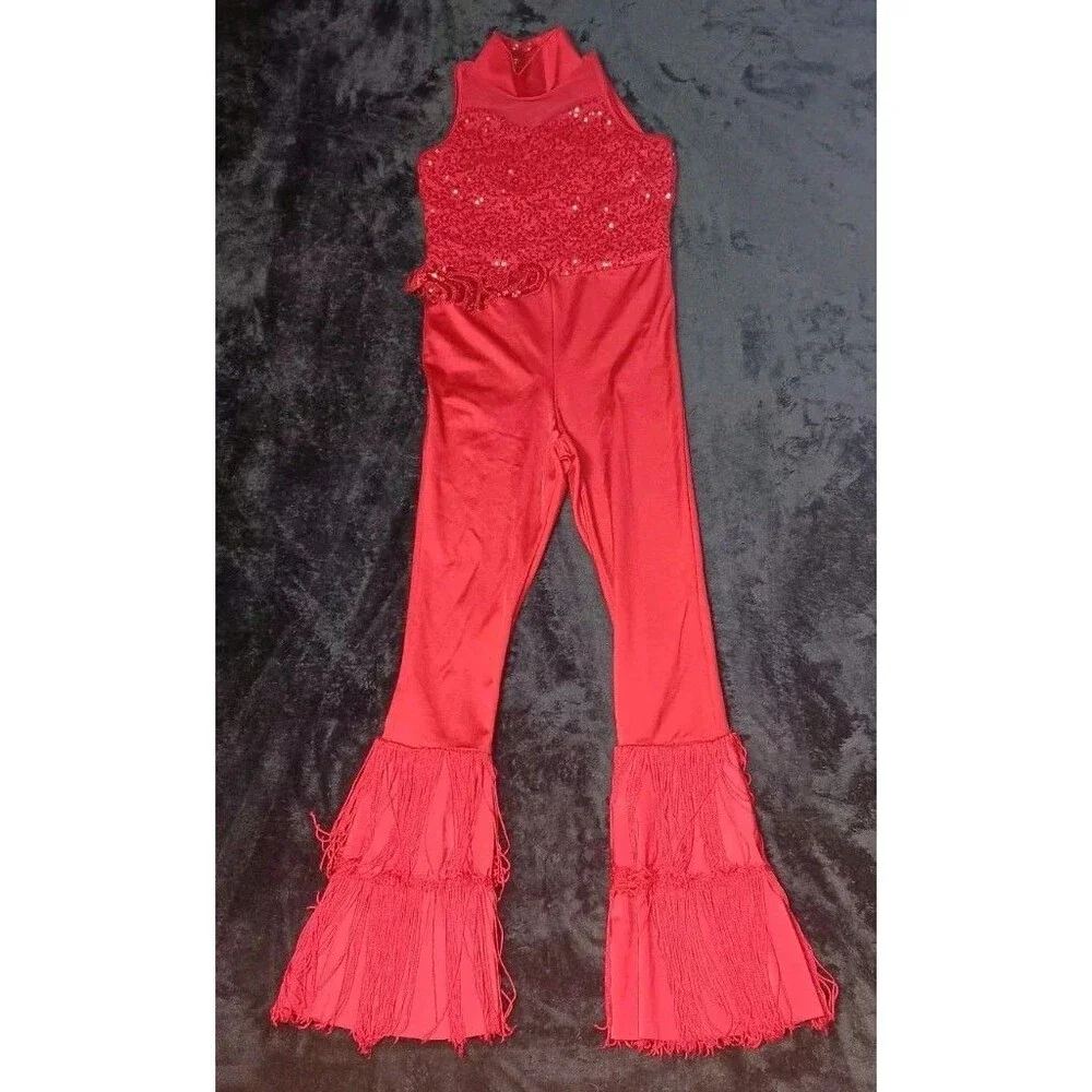 Weissman No Lie Red Sequin Fringe Jumpsuit MC Dance Costume Jazz Tap Disco 70s